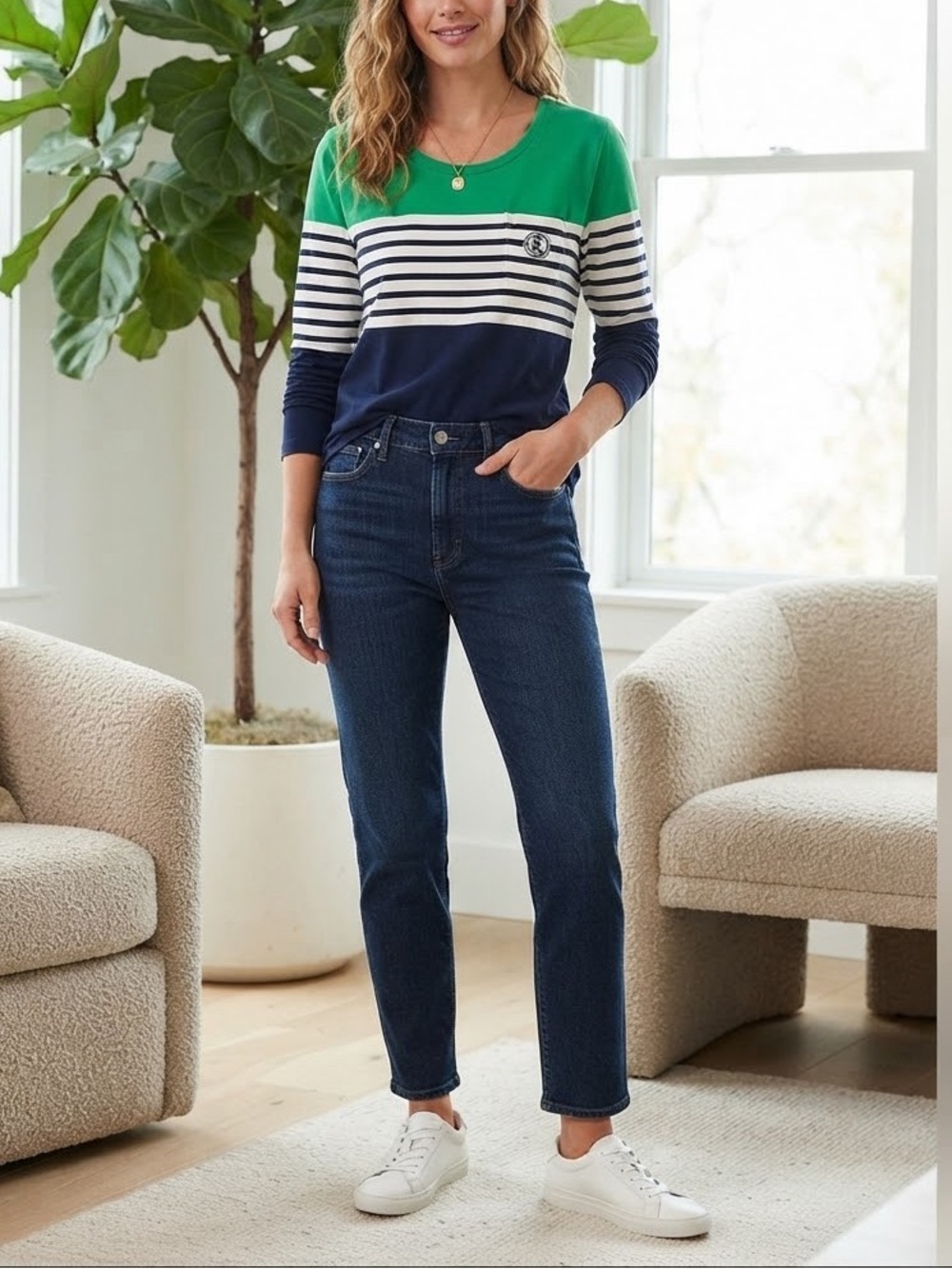 L-RL Ralph Lauren Active Colorblock Nautical Striped Long Sleeve Top Plus Size❤️